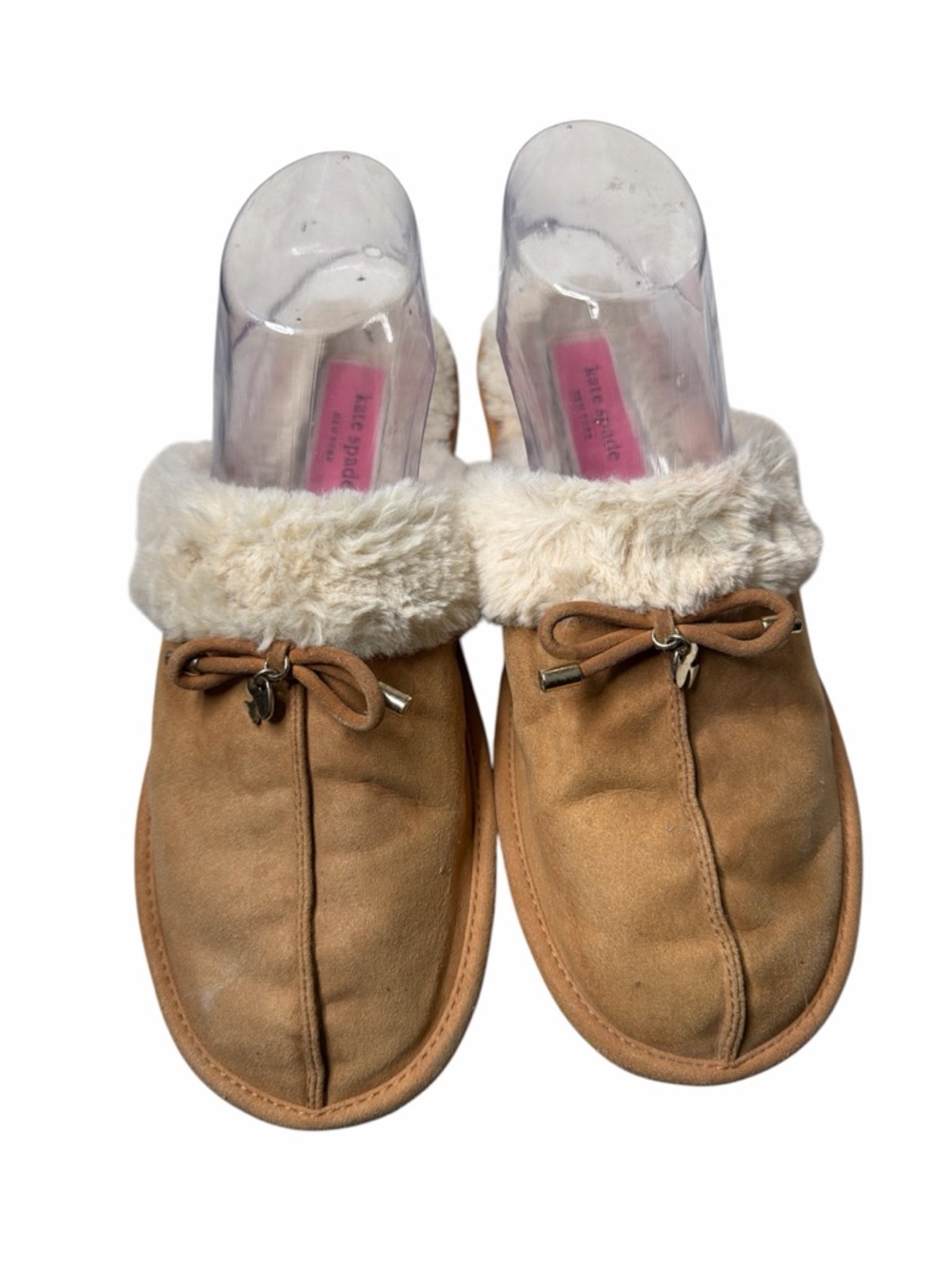 kate spade Tan Suede Faux-Fur Cuff Bow Mule Slippers super soft inside size 6